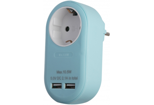 Power Adapter 1 Grounded Socket and 2 USB (total 2.1A) Blue