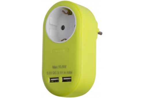 Power Adapter 1 Grounded Socket and 2 USB (total 2.1A) Lime